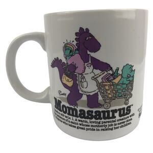 Vtg Talking Tops Momasaurus Mug 3.75" Coffee Cup 1987 Cliff Gilbraith Dinosaur